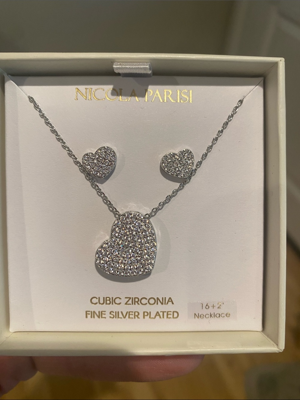 Silver Heart Necklace and Earrings Set - Silverplate Cubic Zirconia